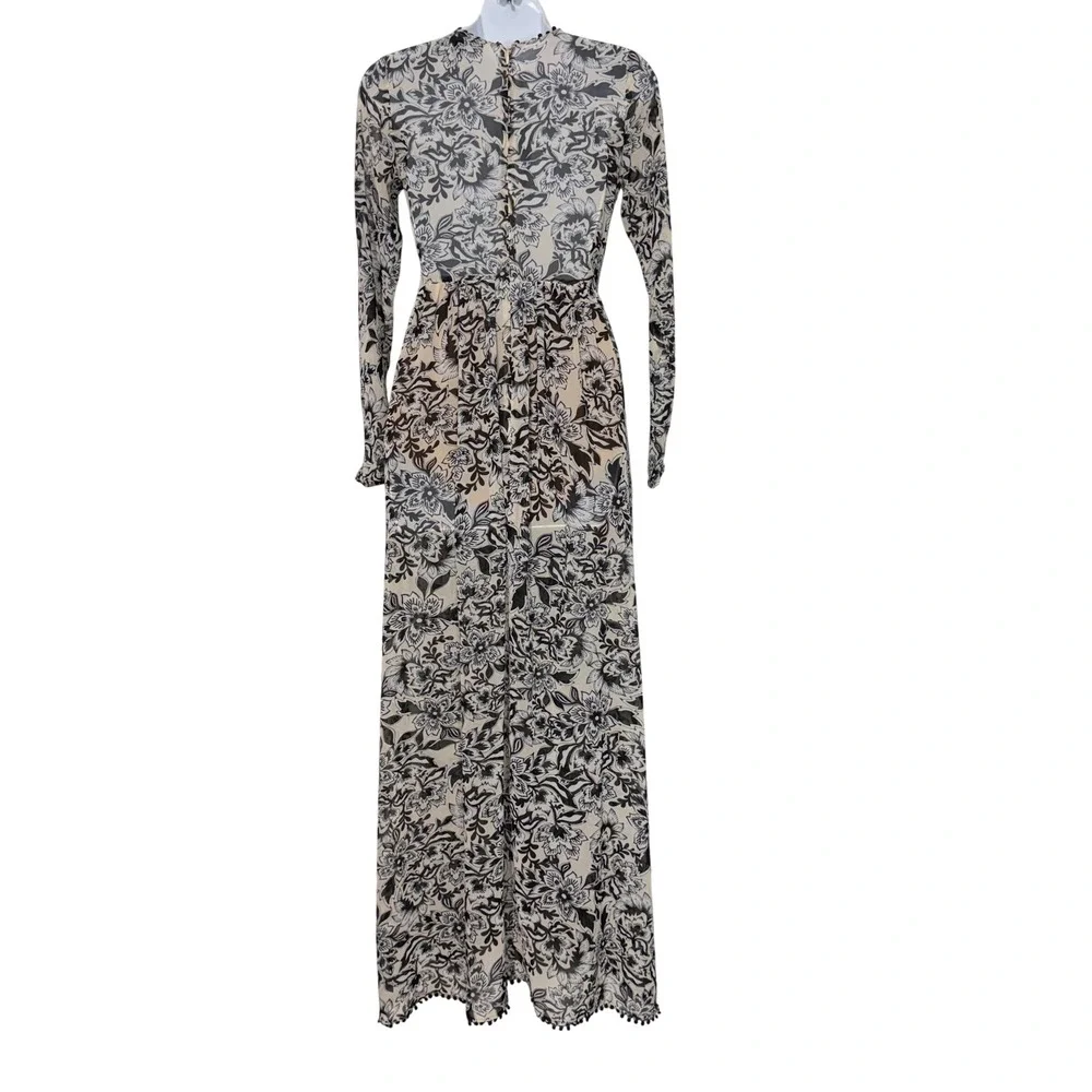 For Love & Lemons Maxi Dress Womens XS Black Cream Floral Pom Pom Bodysuit